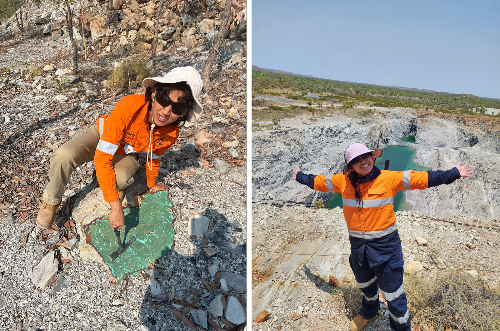 collage; Dipanshu Sharma pointing at oxidized mineral in waste pile, Princess Gan in front of old mine pit atYoung Australia