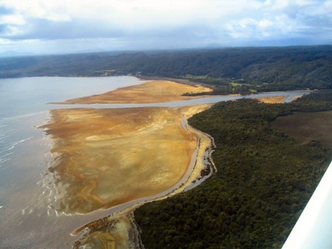 aerial shot of the King River Delta, Tasmania