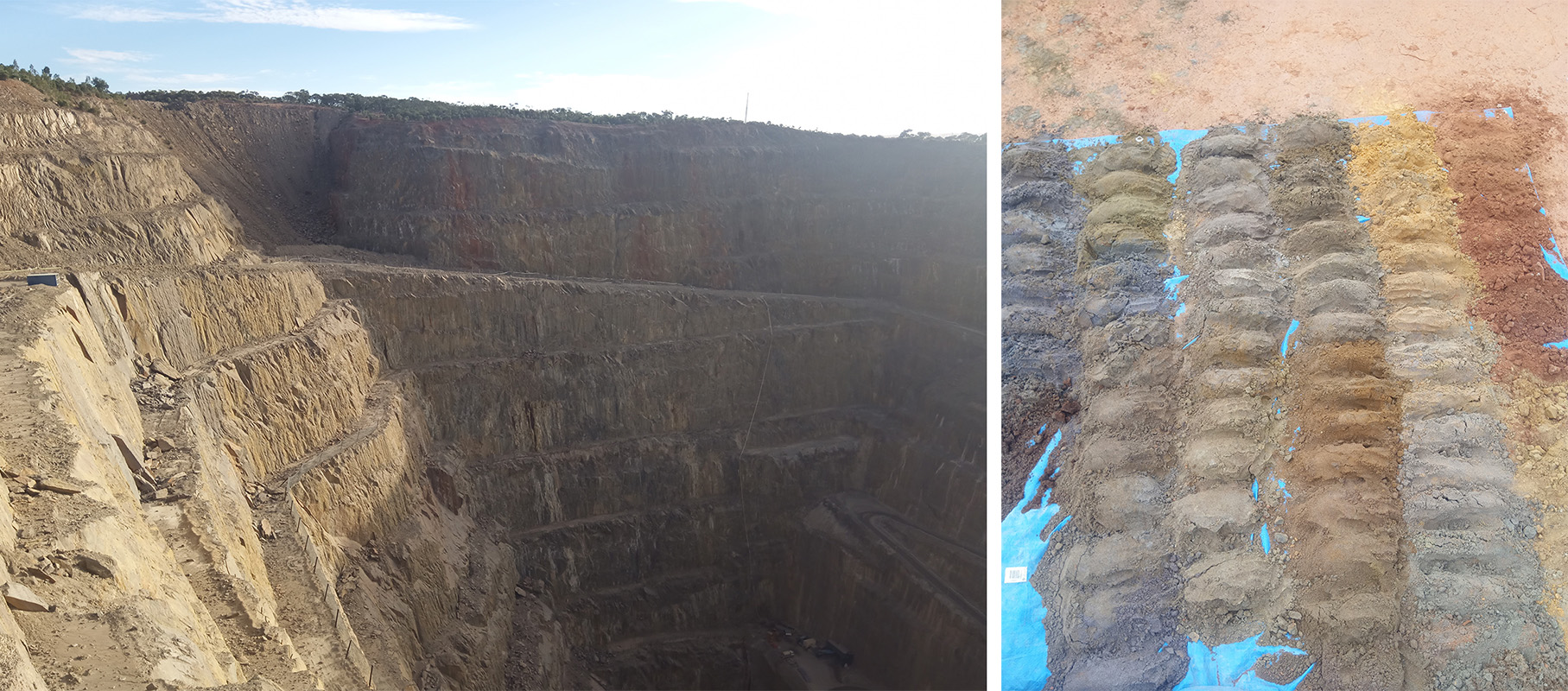 left- aerial of Kanmantoo mine site pit; right - collected mine waste samples