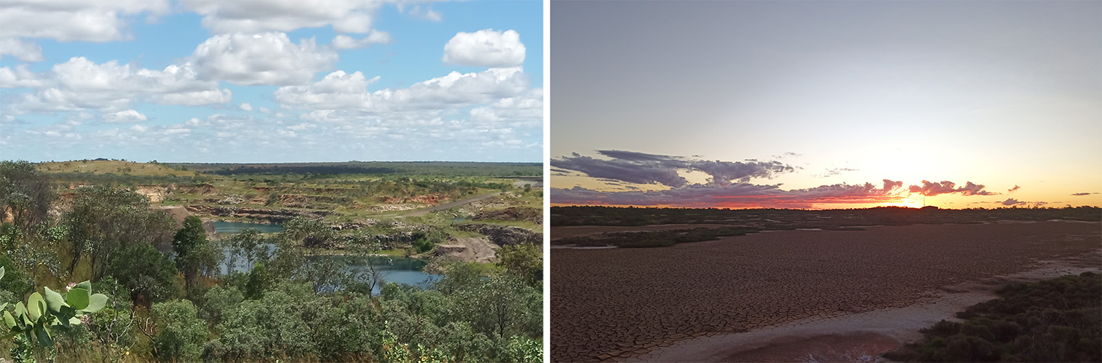 Ellendale diamond mine site, Western Australia. Left- overview of the mine; right - Lanscape at sunset