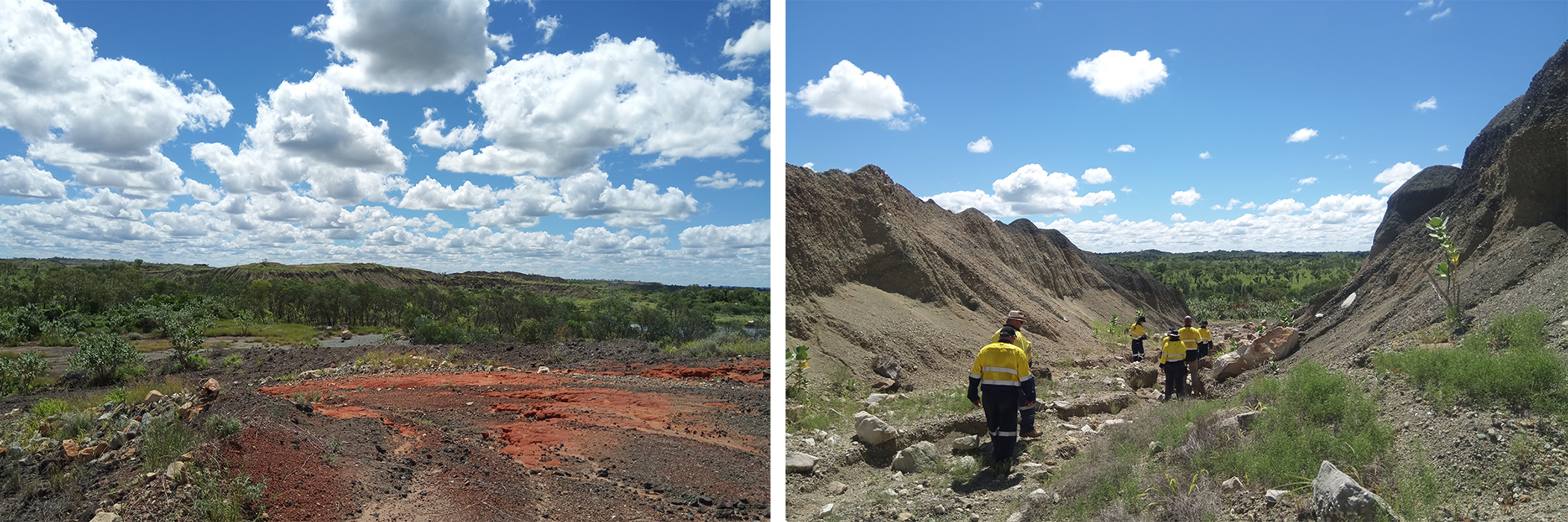 Left - Ellendale Mine site landscape in the day ; right - group walking through the abandoned mine site