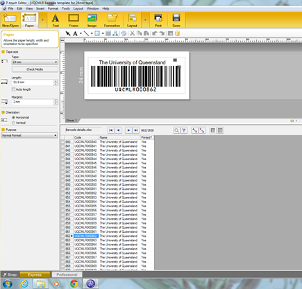 An example of the barcode loaded in the software and connected spreadsheet