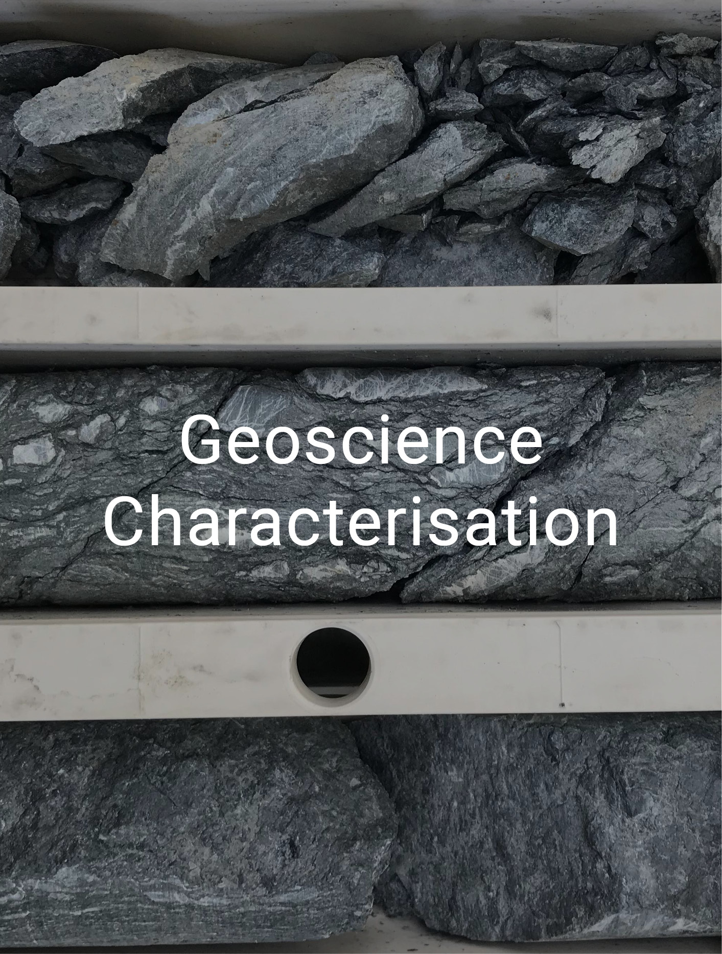 text 'Geoscience characterisation' over background of core drill samples