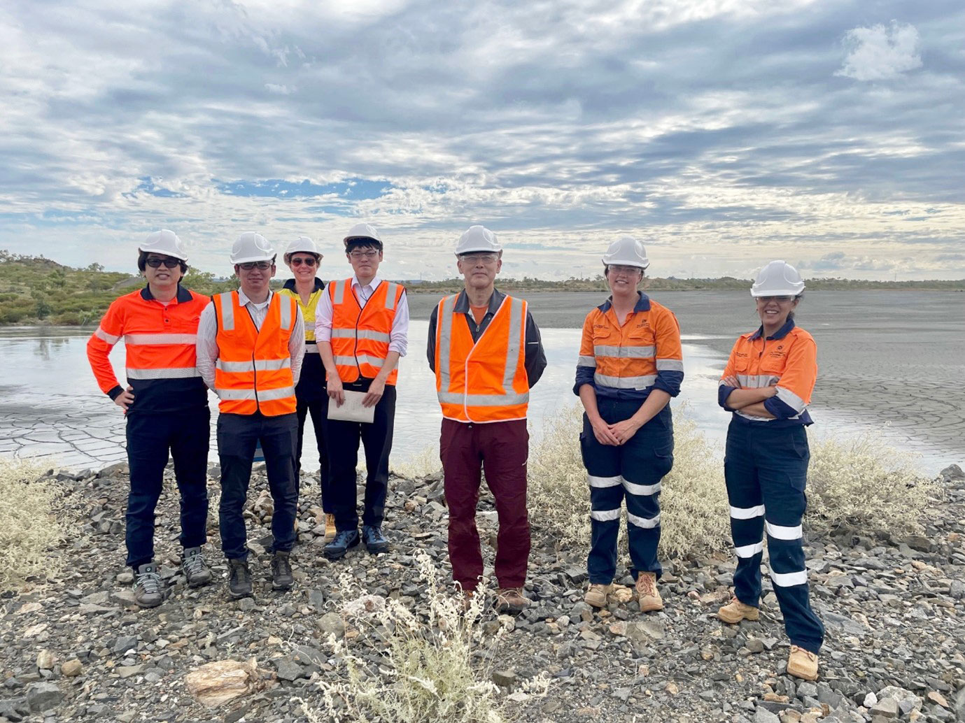 Team from JOGMEC, Anita Parbhakar-Fox, Helen Degeling and Laura Jackson group photo with Queensland's Rocklands in the background