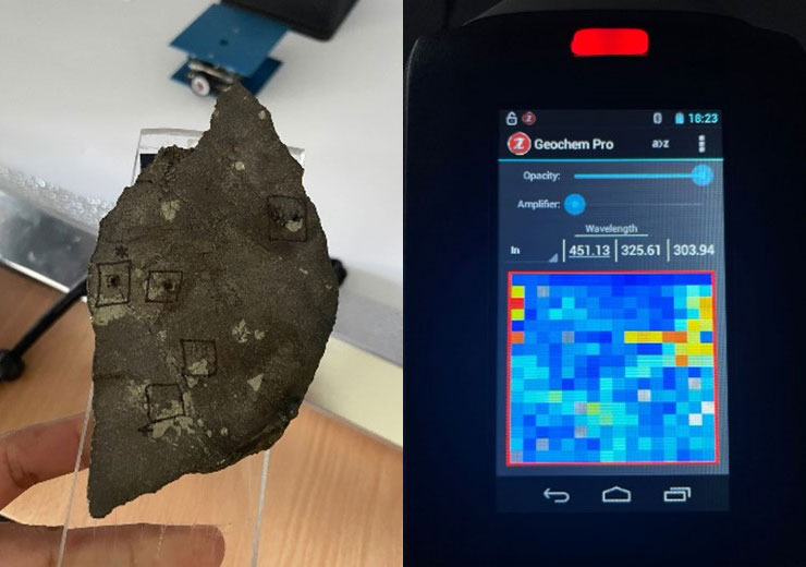 left - massive sulphide sample, right handheld LIBS with data on screen