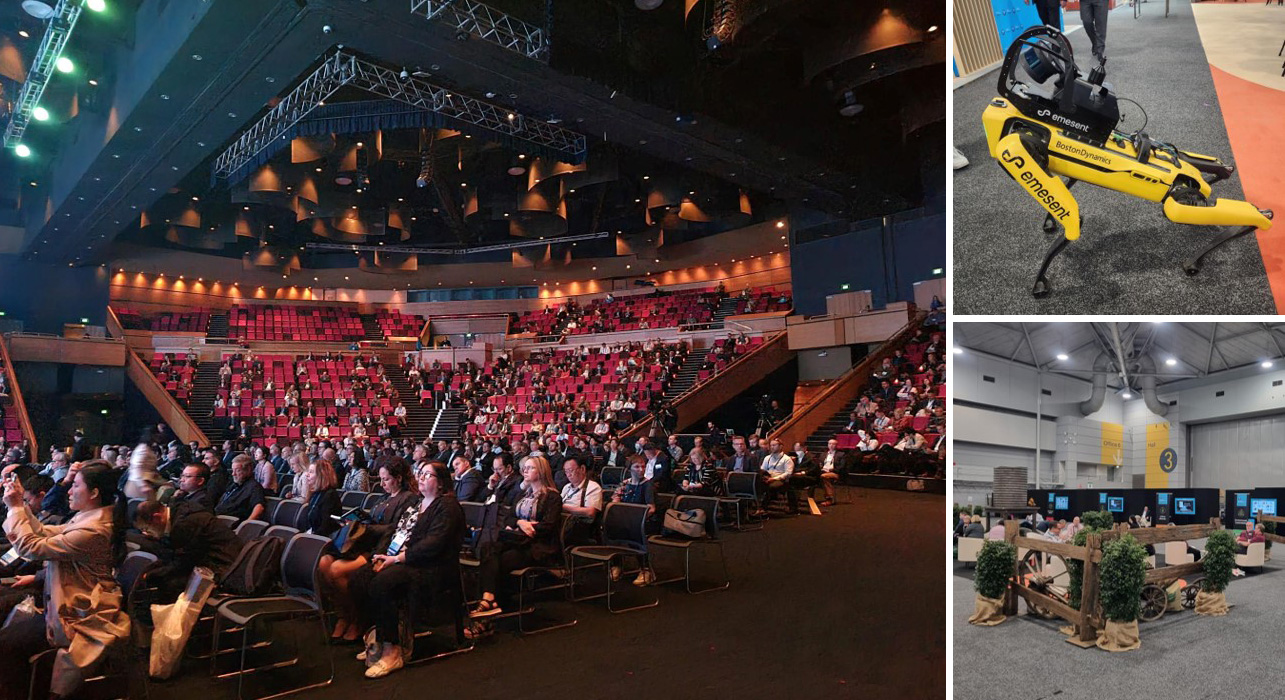 Collage of images from World Mining Congress 2023; Congress attendees sitting at session; Boston Dynamics robot; display of digital poster screens