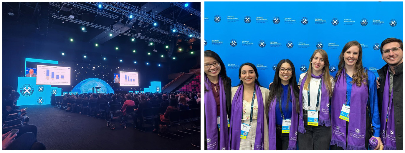 Collage of images from the World Mining Congress 2023, left - Plenary session, right - SMI representatives at UQ’s booth at the congress. 