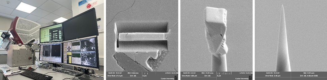 Collage of FIB-SEM instrument, and scans