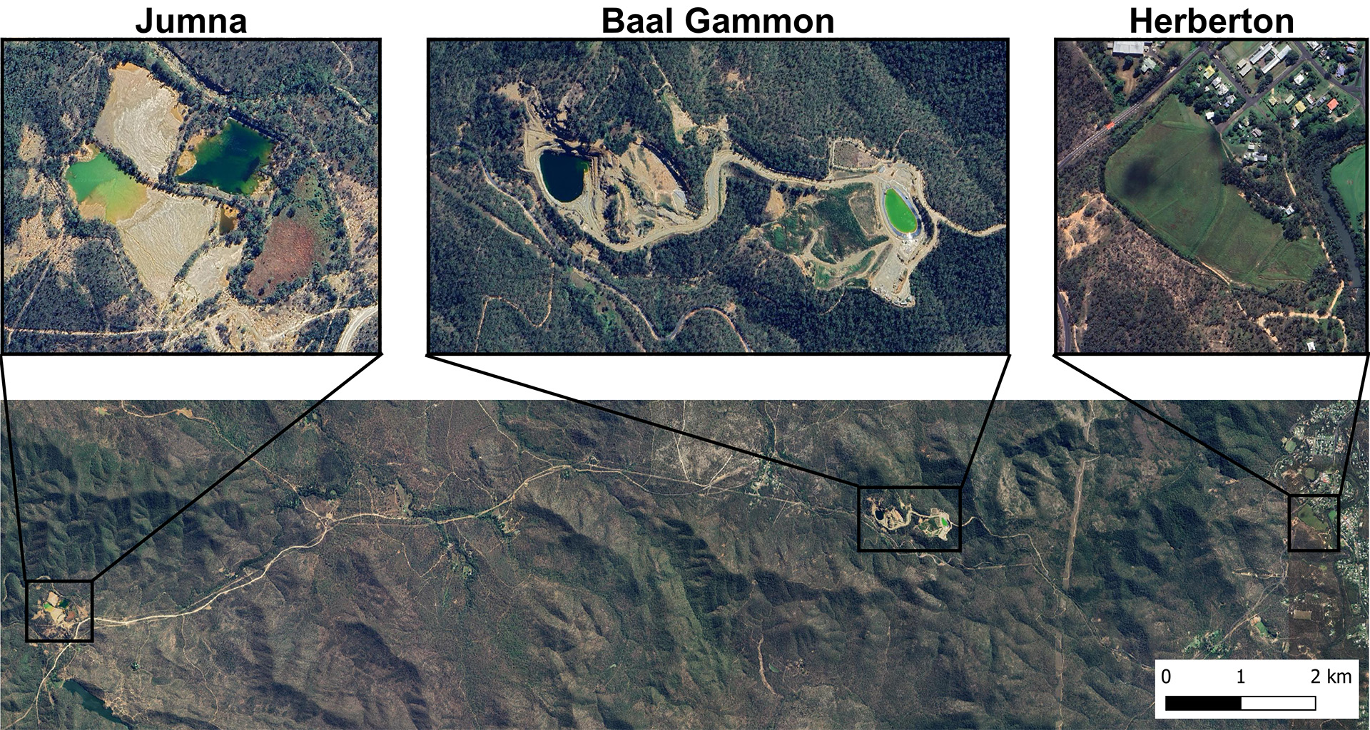 Map showing the Jumna tailings, Baal Gammon mine and Herberton tailings sites 
