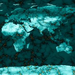 World map on blue and gold granite texture
